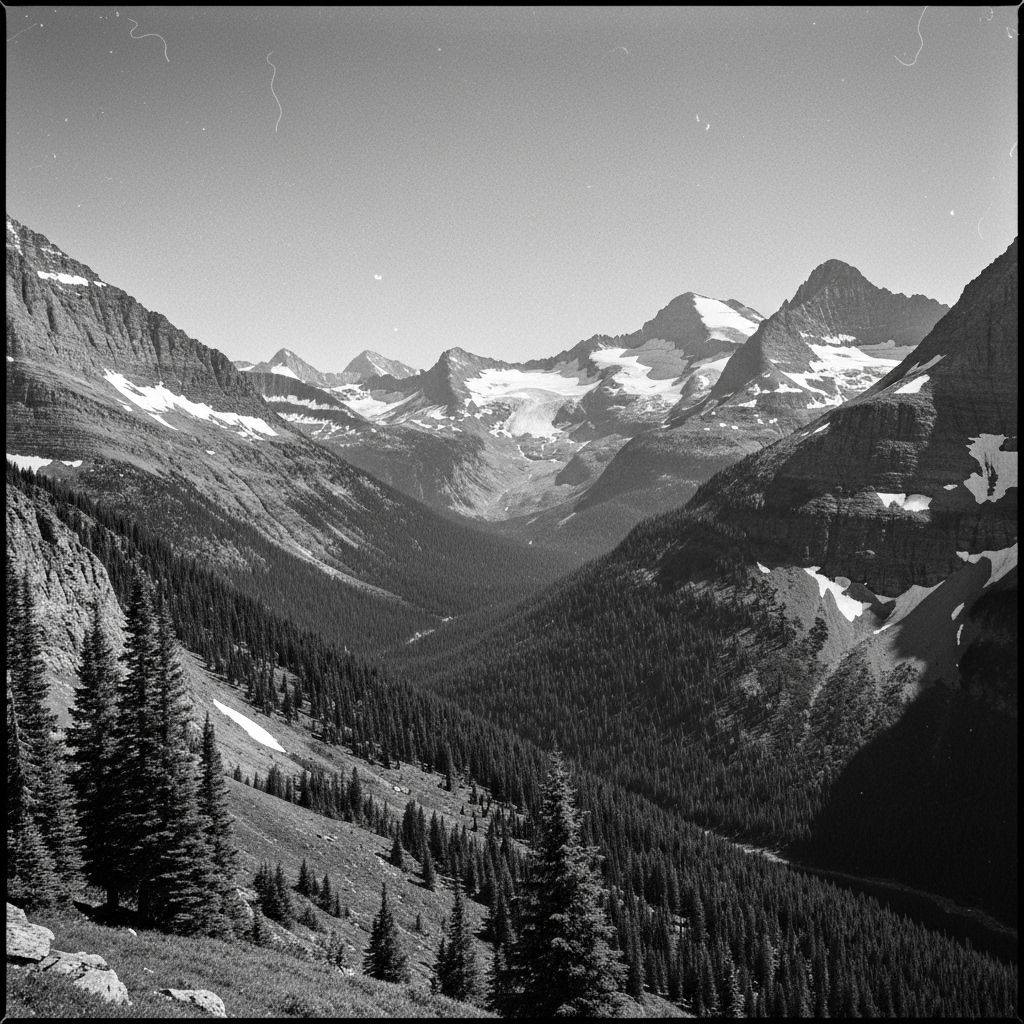 Early view of Glacier National Park, showing pristine mountain peaks and valleys