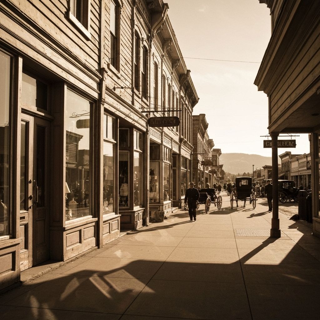Historic Main Street in Bozeman, circa 1920s, showing wooden storefronts and horse-drawn carriages